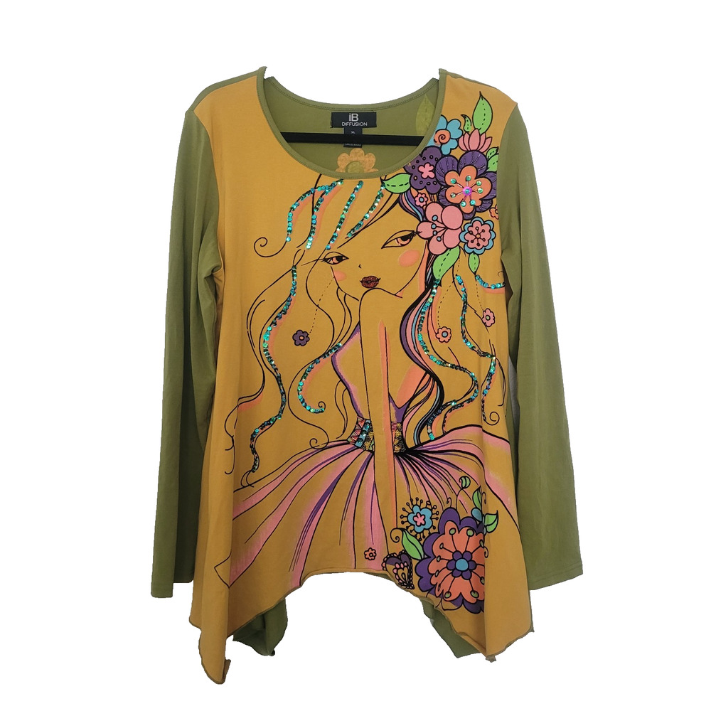 Vintage IB Diffusion Embellished Girl Graphic Top Size XL Artsy Teacher Colorful